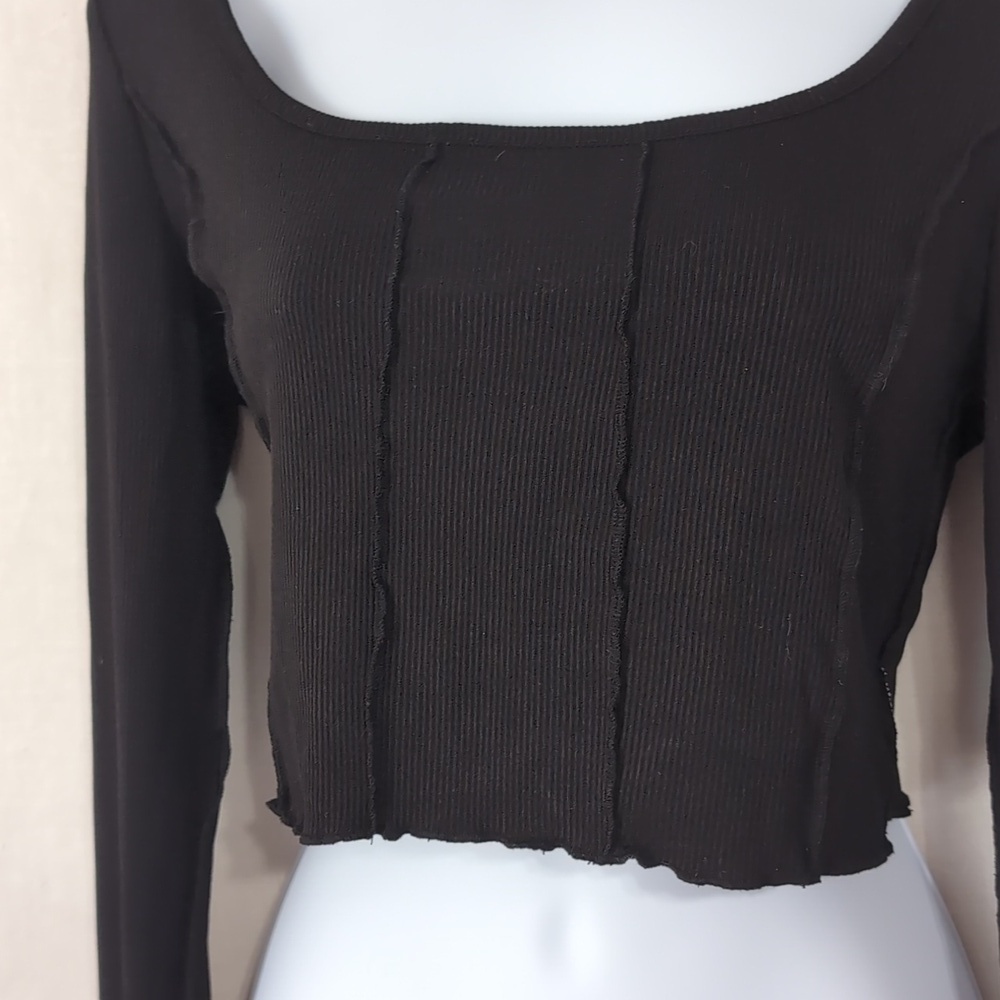 Shein Black Cropped Off-Shoulder Long Sleeve Tie-Back Top Size Medium - Picture 2 of 5